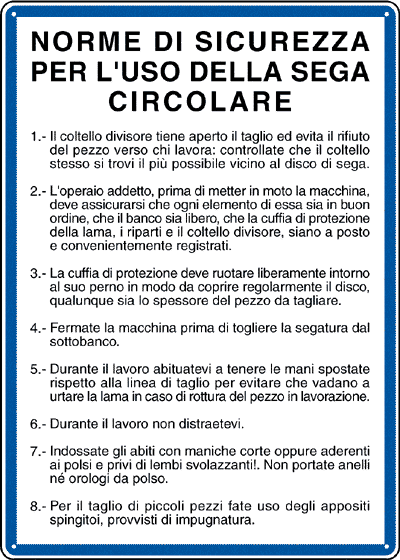 3706 - Cartello NORME USO SEGA CIRCOLARE