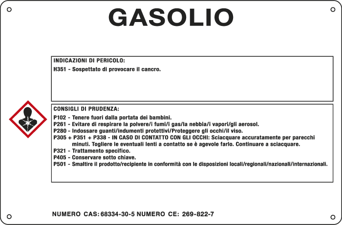 35B570 - cartello sostanze pericolose simbologia CLP " GASOLIO "