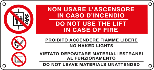 E16140W - Cartello divieto in caso incendio..3simboli UNI ISO 7010