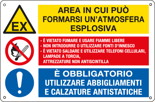 E35100 - Cartello multisimbolo "area in cui puo' formarsi atmosfera esplosiva"