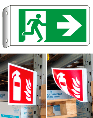 E715102BFLK - Cartello bifacciale flessibile uscita destra EN ISO 7010