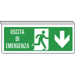 E720104SX - Cartello SOSPESO bifacciale uscita emergenza freccia indietro ISO 7010