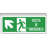 E720105SW - Cartello SOSPESO bifacciale uscita emergenza freccia alto sx ENISO7010