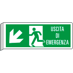 E720107BW - Cartello BIFACCIALE uscita emergenza in basso sn +scritta EN ISO 7010