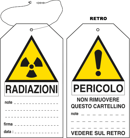 E9811 - Cartellino plastica pericolo radiazioni...EN ISO 7010