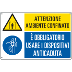 [E29440] E29440 - Cartello multisimbolo ambiente confinato usare anticaduta EN ISO 7010