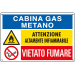 [E2966] E2966 - Cartello multisimbolo CABINA GAS METANO attenzione altam..EN ISO 7010